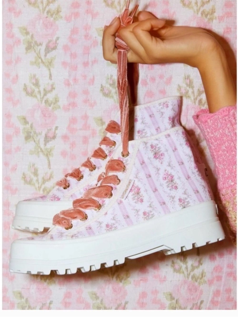 LoveShackFancy X Superga Pink Floral Lace-Up Sneakers with Velvet Laces